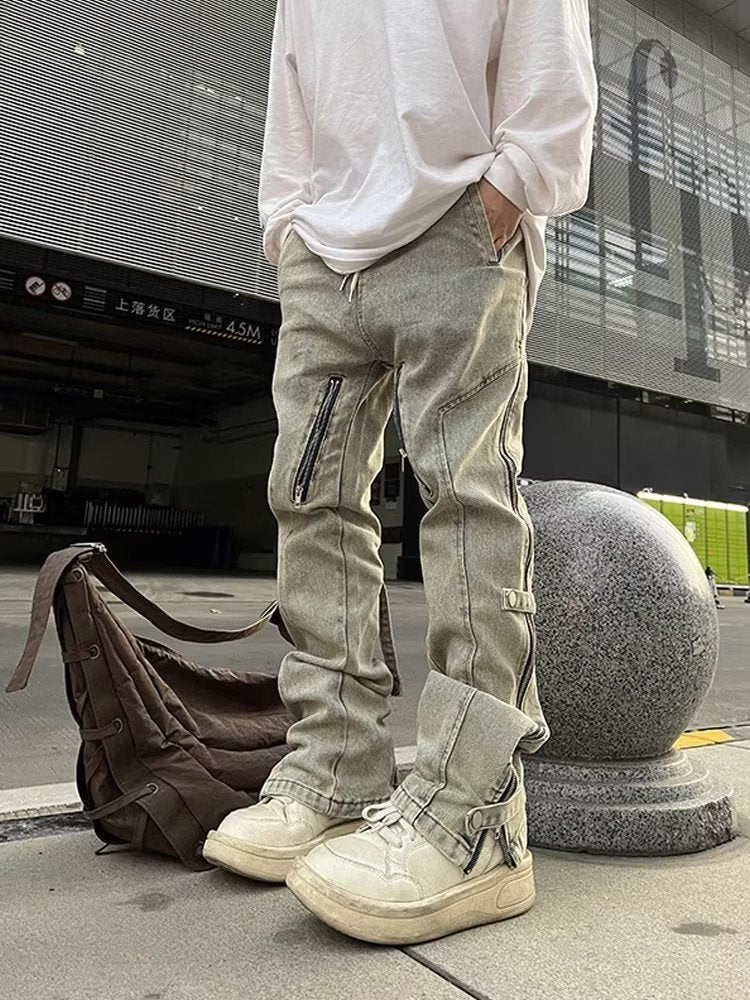 Men Jeans Worn Looking Washed-out Side Zipper Slightly Flared Jeans