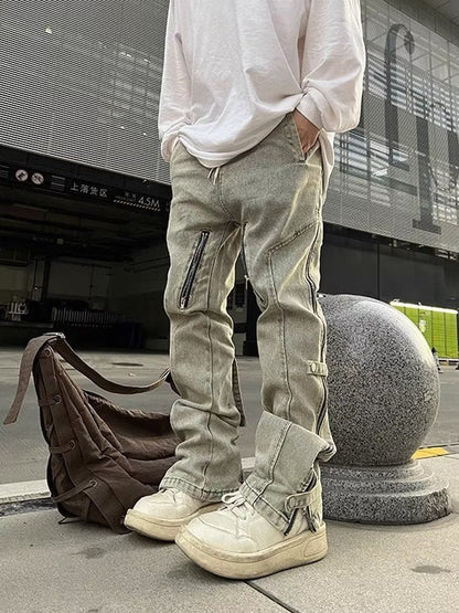 Men Jeans Worn Looking Washed-out Side Zipper Slightly Flared Jeans