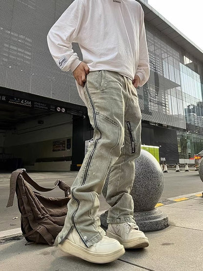 Men Jeans Worn Looking Washed-out Side Zipper Slightly Flared Jeans