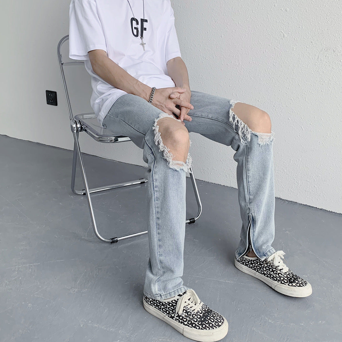 Men Jeans Ripped Jeans Men's Summer Loose Straight Wide Leg Pants
