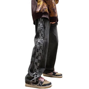Men Jeans Checkerboard Plaid Jeans Men's Spring and Autumn Straight Loose Wide Leg Pants