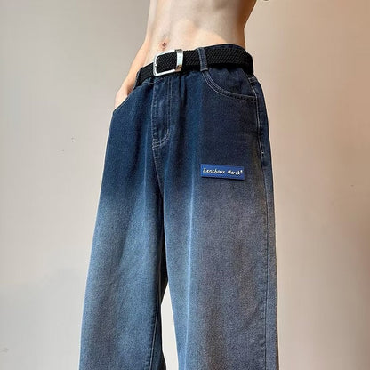 Men Jeans Vintage Labeling Gradient Jeans Wide Leg Pants