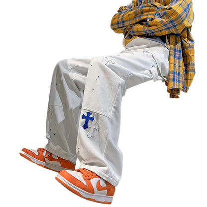 Men Jeans Cross Printed Jeans Men's Loose Straight Wide Leg Pants