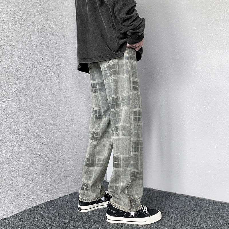 Men Jeans Autumn Loose Straight Wide Leg Pants Retro Trousers