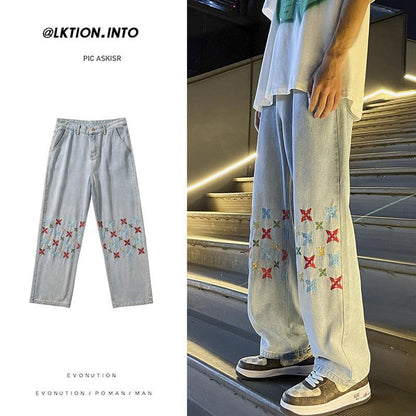 Men Jeans Embroidered Jeans Baggy Straight Trousers
