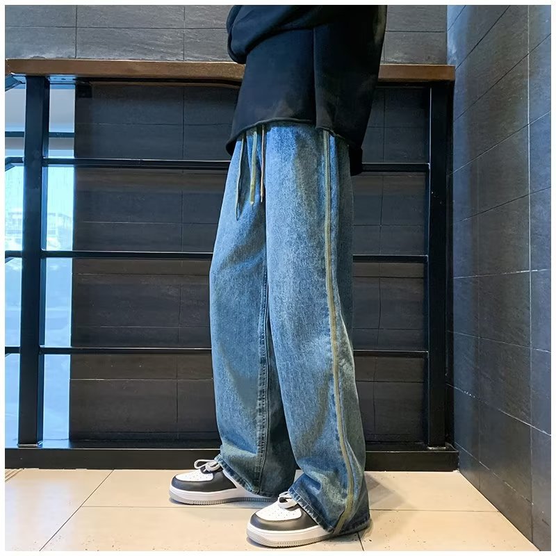 Men Jeans Retro Washed Jeans Men's Spring and Autumn Loose Wide-Leg Straight Trousers