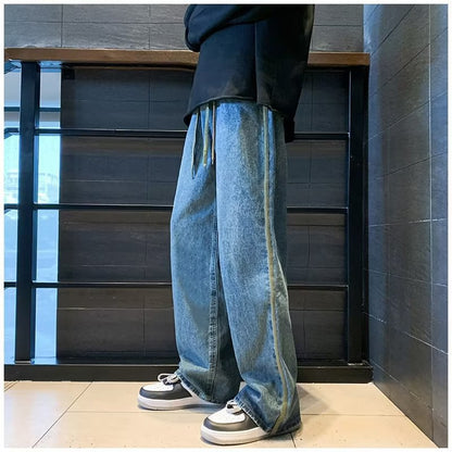 Men Jeans Retro Washed Jeans Men's Spring and Autumn Loose Wide-Leg Straight Trousers