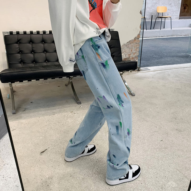Men Jeans Splash-Ink Jeans Men's Autumn Baggy Straight Trousers Casual Trousers