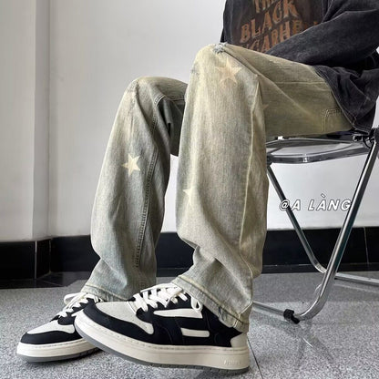 Men Jeans Retro Washed Straight-Leg Pants Loose Casual Pants