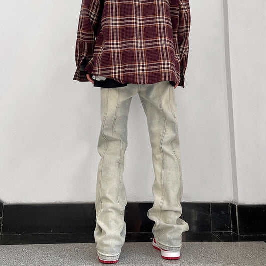 Men Jeans Loose Straight Hiphop Draping Rivet Overalls