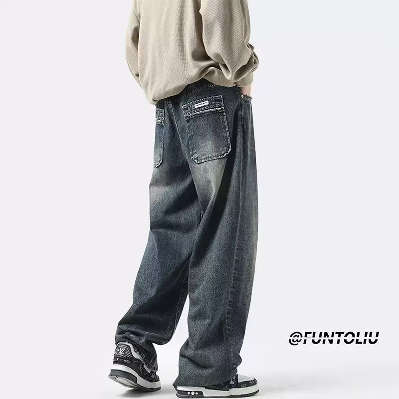Men Jeans Summer Retro Casual Pants Washed Loose Straight-Leg Wide-Leg Pants