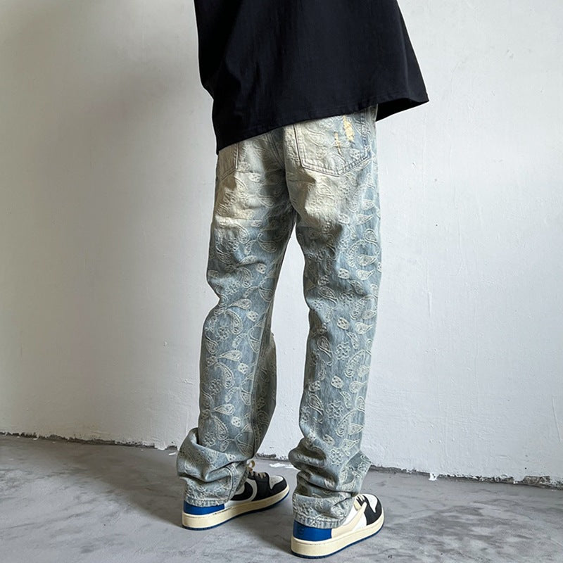 Men Jeans Ripped Jeans Men's Washed Vintage Paisley Straight Casual Pants