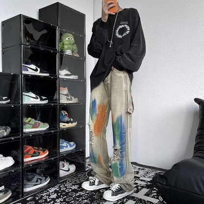 Men Jeans Hiphop Tie-Dyed Ripped Jeans Graffiti Tooling Straight Wide-Leg Pants