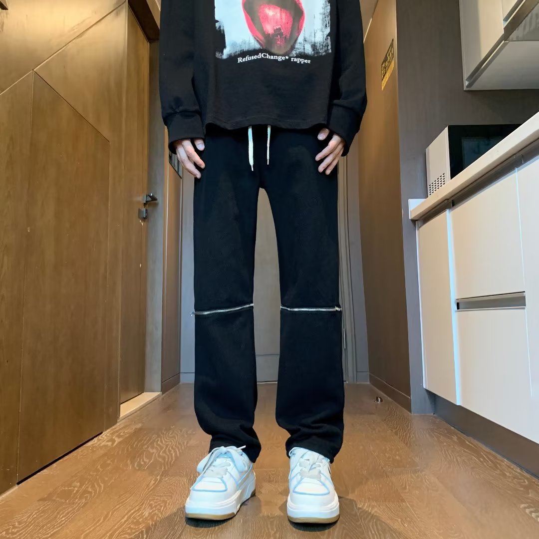 Men Jeans Zipper Jeans Loose Straight Harem Pants Removable Zipper Trousers