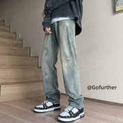 Men Jeans XINGX Printed Jeans Washed Straight Broken Holes Pants