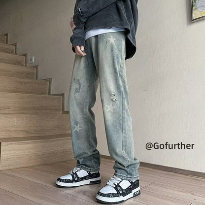 Men Jeans XINGX Printed Jeans Washed Straight Broken Holes Pants
