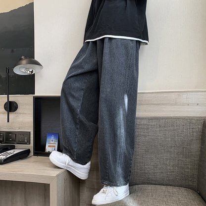 Men Jeans Loose Straight Wide-Leg Pants Spring and Autumn Black Casual Trousers
