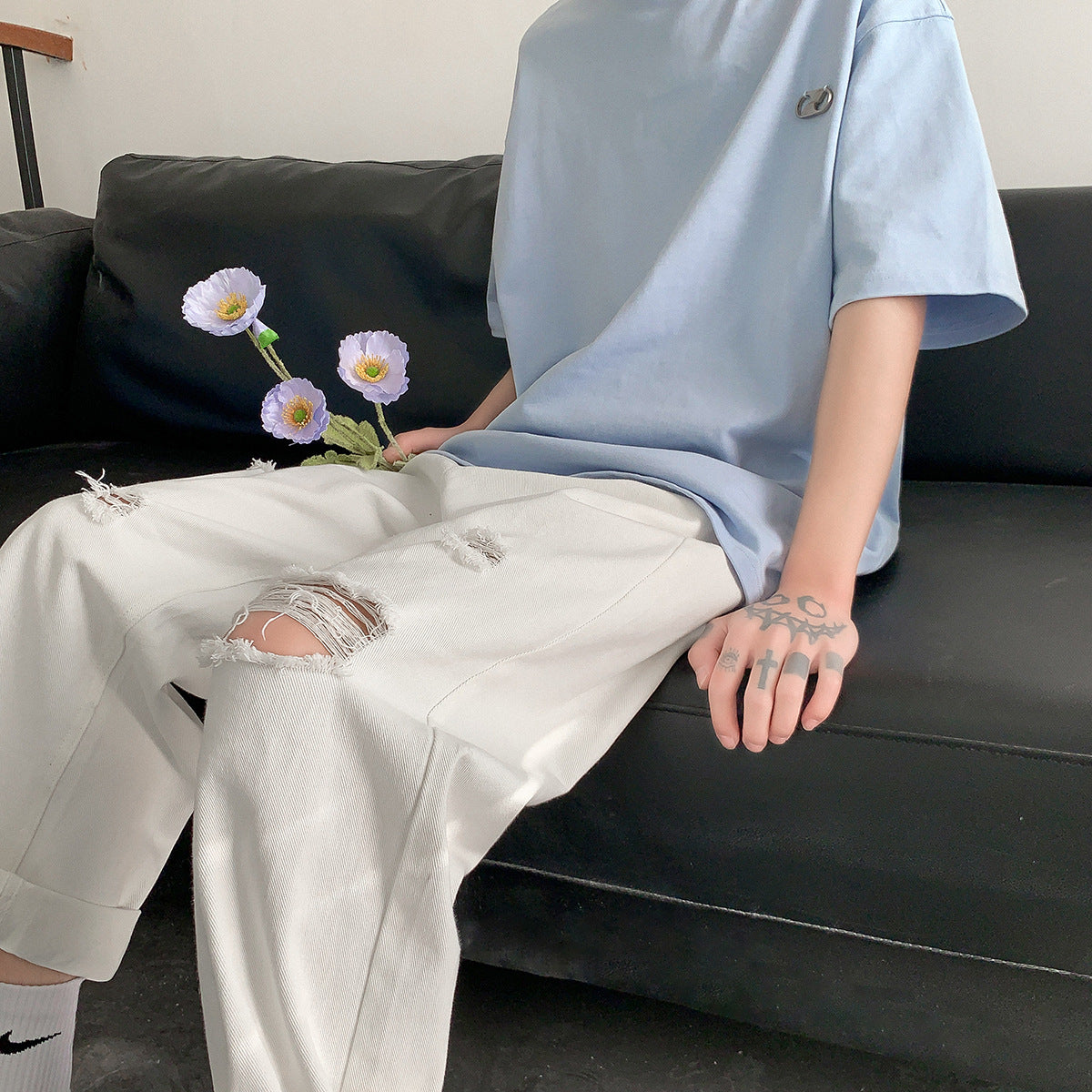 Men Jeans Ripped Jeans Men's Summer Straight Loose Pants
