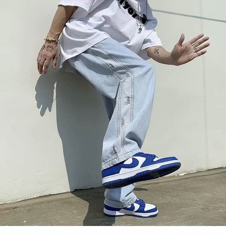 Men Jeans Ripped Jeans Summer Baggy Straight Trousers Wide Leg Trousers