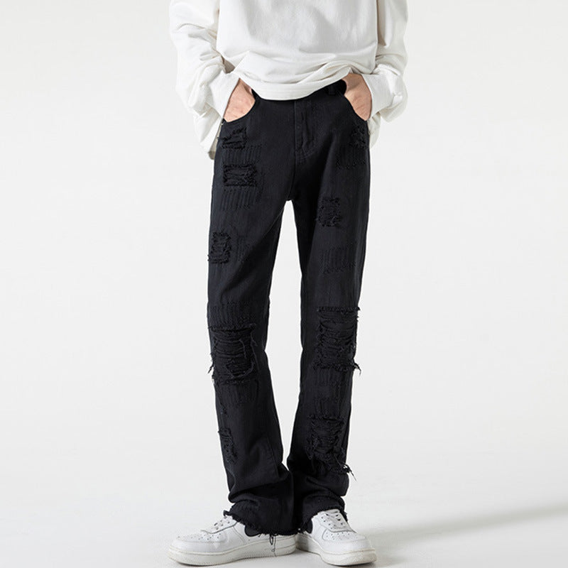 Men Jeans Black Jeans Men's Spring and Autumn Straight-Leg Pants Ripped Leisure Trousers