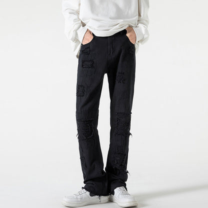 Men Jeans Black Jeans Men's Spring and Autumn Straight-Leg Pants Ripped Leisure Trousers