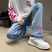 Men Jeans Embroidered Washed Distressed Loose Straight Pants Trousers