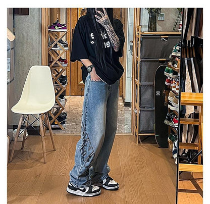 Men Jeans Vintage Jeans Spring and Autumn Distressed Baggy Straight Trousers