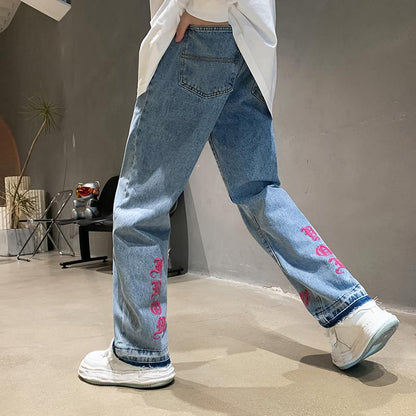 Men Jeans Embroidered Washed Distressed Loose Straight Pants Trousers