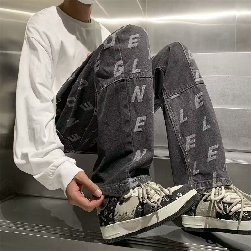 Men Jeans Retro Patchwork Jacquard Jeans Casual Pants