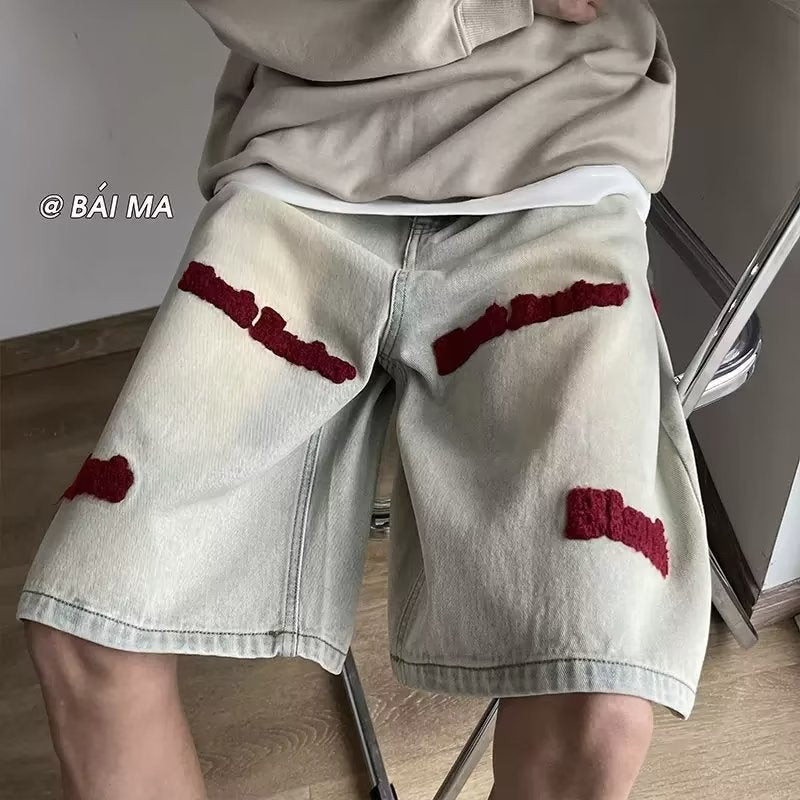 Men Jeans Embroidered Denim Shorts Summer Washed Shorts