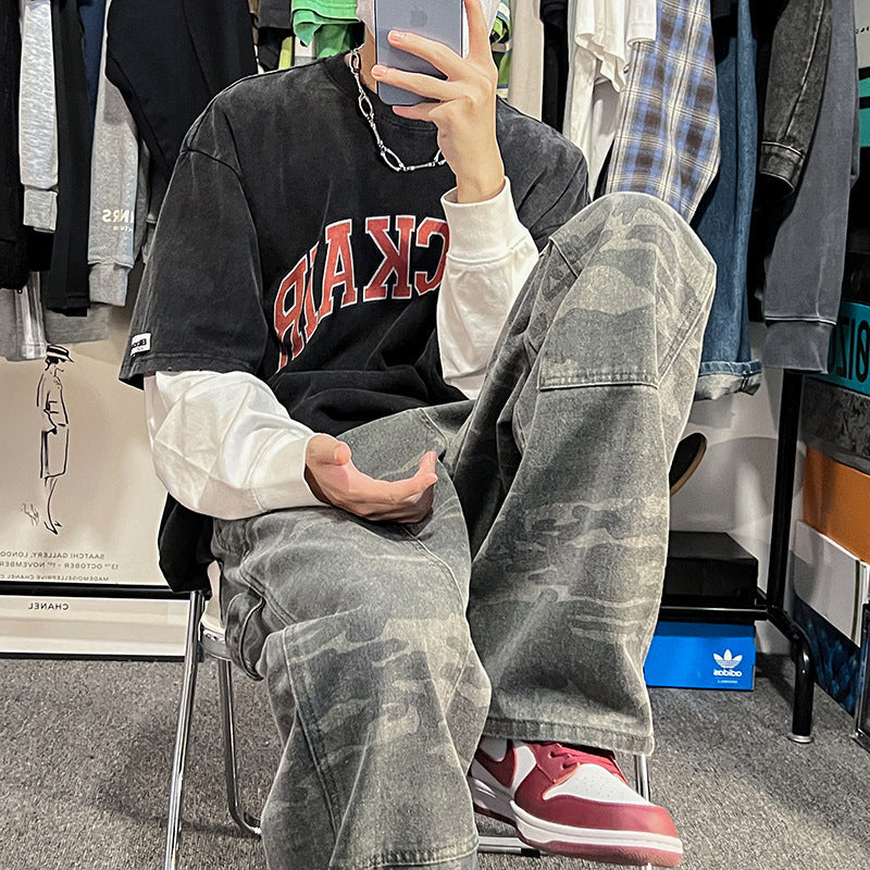 Men Jeans Retro Camouflage Pants Loose Straight Cargo Pants Washed Wide Leg Casual Trousers