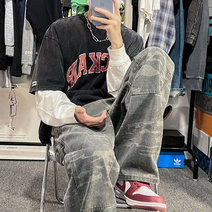 Men Jeans Retro Camouflage Pants Loose Straight Cargo Pants Washed Wide Leg Casual Trousers