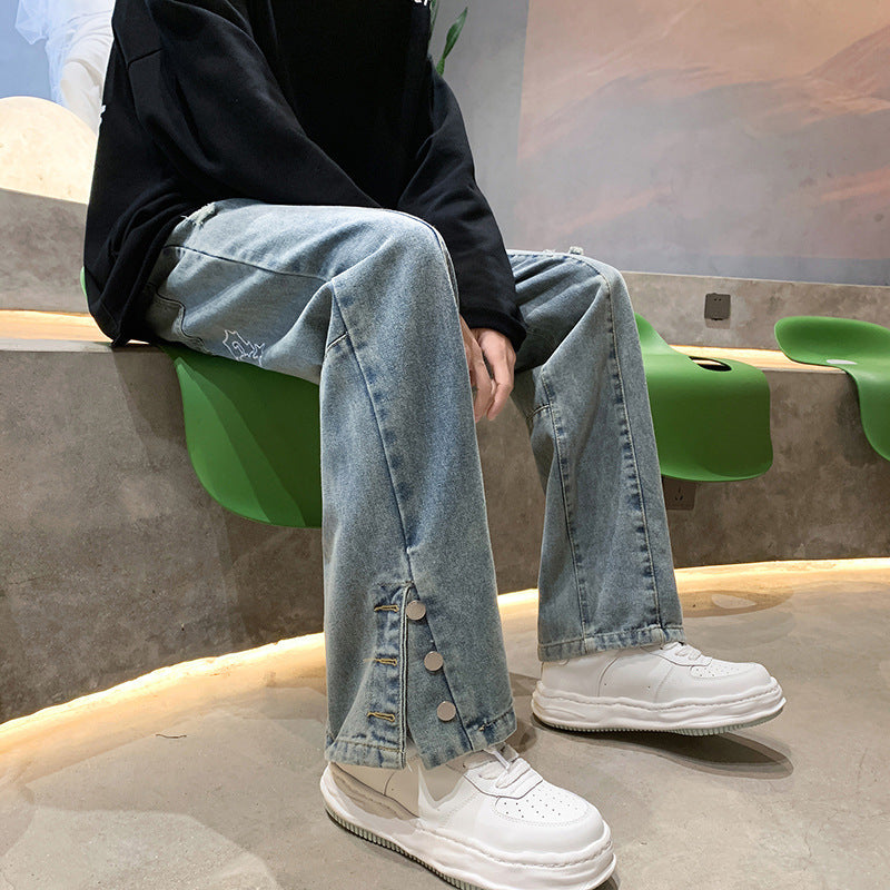 Men Jeans Letter Embroidered Jeans Men's Spring/Summer Hip Hop Straight-Leg Pants