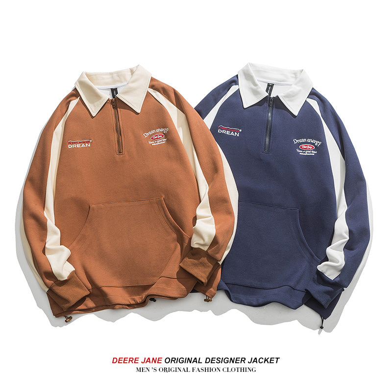 Men Pullover Hoodie Spring Color Matching Polo Shirt Men Loose-Fitting Casual Pullover