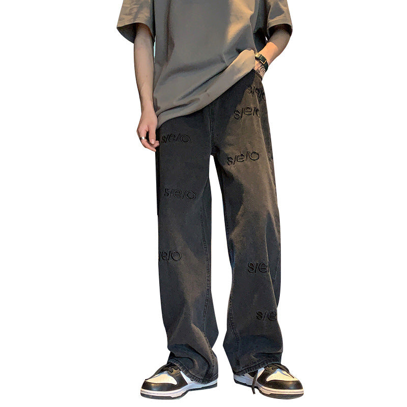 Men Jeans Straight Jeans Men's Spring and Summer Letters Embroidered Wide-Leg Pants