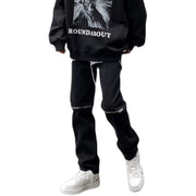 Men Jeans Vintage Black Knee Ripped Zipper Jeans
