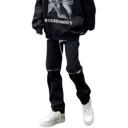 Men Jeans Vintage Black Knee Ripped Zipper Jeans