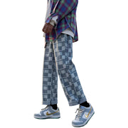 Men Jeans Chessboard Plaid Jeans Baggy Straight Trousers Wide Leg Pants