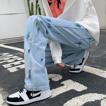 Men Jeans Splash-Ink Jeans Men's Autumn Baggy Straight Trousers Casual Trousers