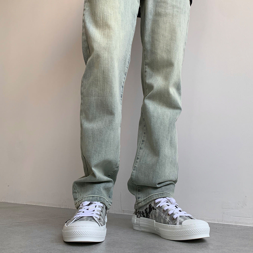 Men Jeans Washed Distressed Casual Pants Men Straight-Leg Trousers