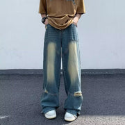 Men Jeans Washed Make Old Ripped Jeans Summer Baggy Straight Trousers