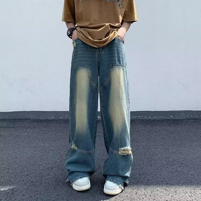 Men Jeans Washed Make Old Ripped Jeans Summer Baggy Straight Trousers