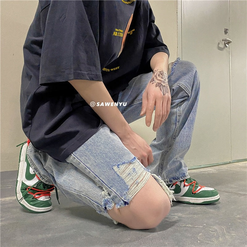Men Jeans Ripped Jeans Washed Loose Wide Leg
