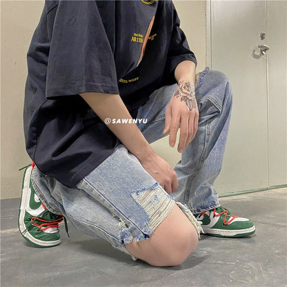 Men Jeans Ripped Jeans Washed Loose Wide Leg
