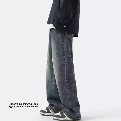 Men Jeans Summer Retro Casual Pants Washed Loose Straight-Leg Wide-Leg Pants