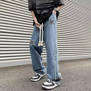 Men Jeans Embroidered Jeans Men's Summer Retro Loose Wide-Leg Straight Pants
