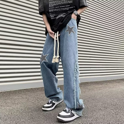 Men Jeans Embroidered Jeans Men's Summer Retro Loose Wide-Leg Straight Pants