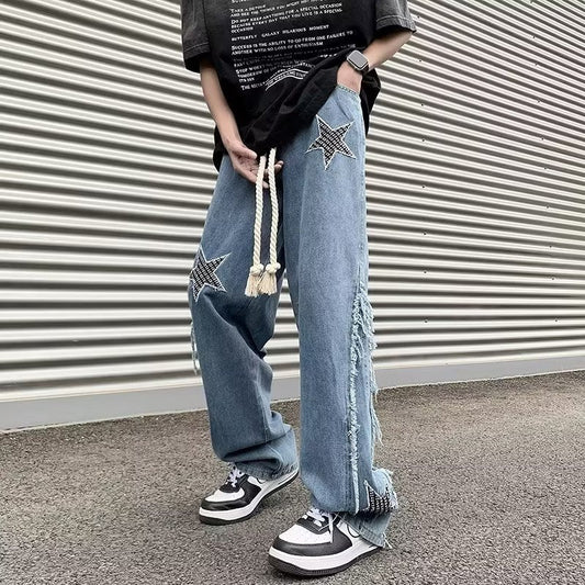 Men Jeans Embroidered Jeans Men's Summer Retro Loose Wide-Leg Straight Pants