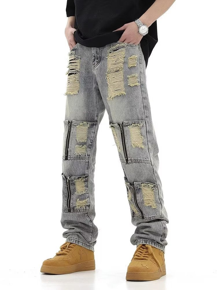 Men Jeans Vintage Distressed Multi-Pocket Straight Jeans