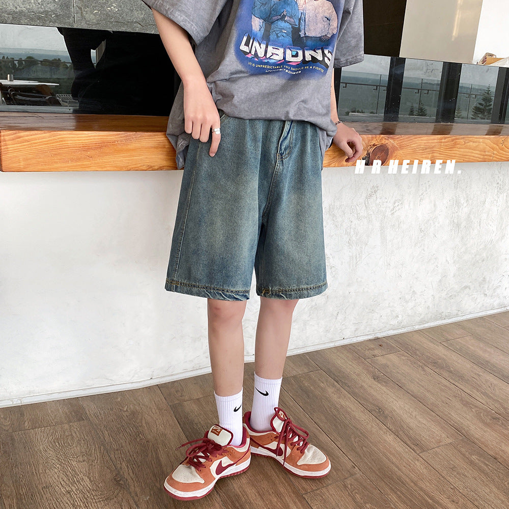 Men Jeans Vintage Denim Shorts Loose Casual Shorts